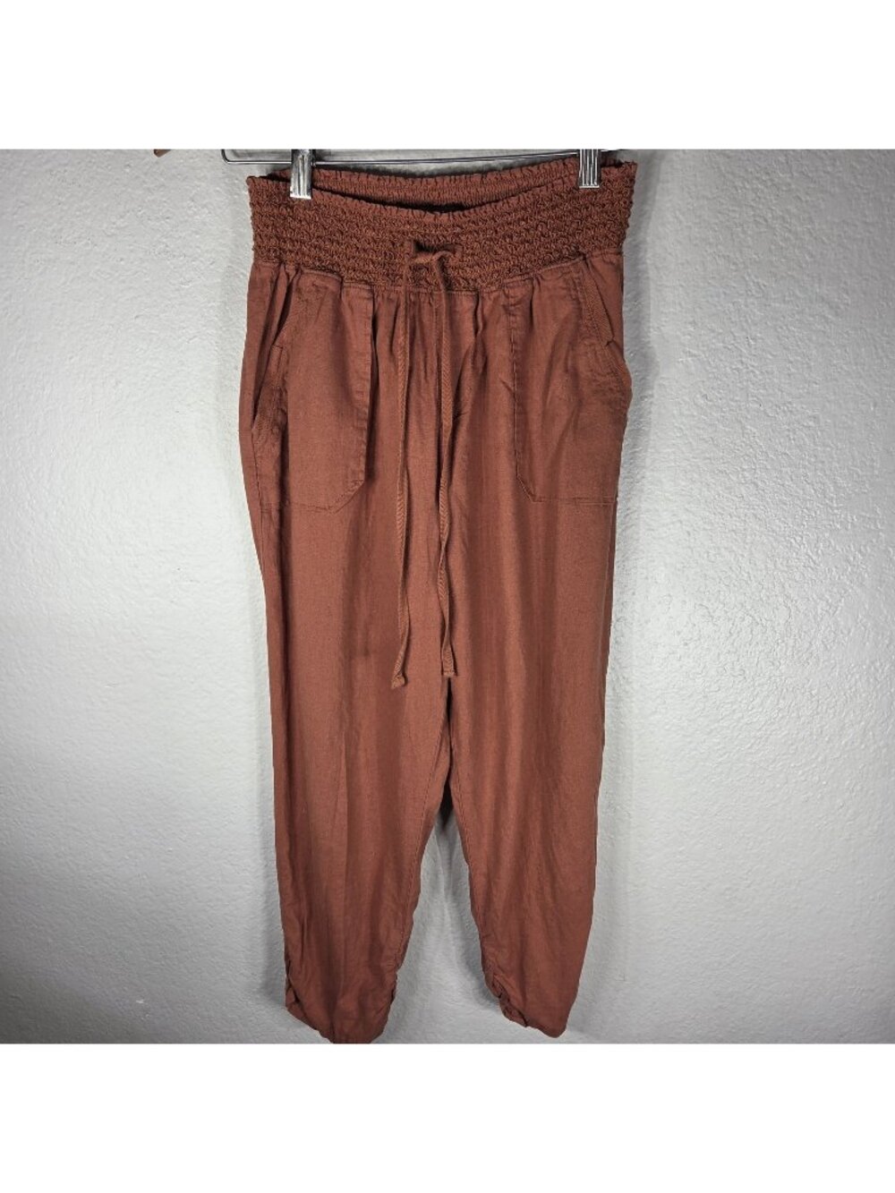 Rewash Drawstring Smocked Jogger Pants Burnt Orange Size M Linen Blend